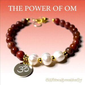 Gold Om Ohm Aum + Genuine Freshwater Pearls + Red Jasper - Mindfulness Bracelet